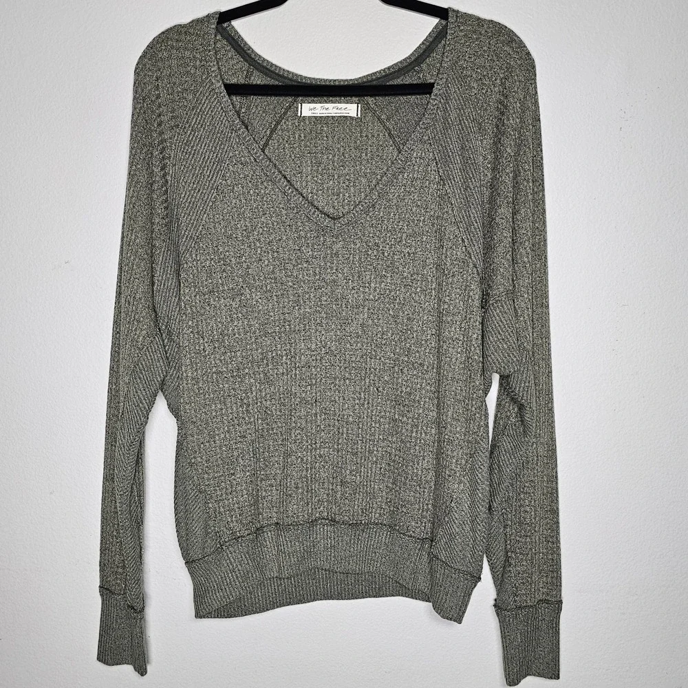 We The Free People Small Waffle Knit V-Neck Top Long Sleeve Olive Green Comfy‎